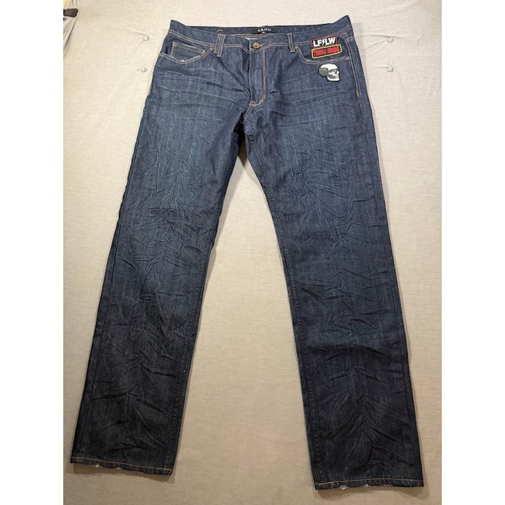 AKOO Mens Dark Wash Denim Jeans‎ Skull Patch Logo Straight Fit 40X33.